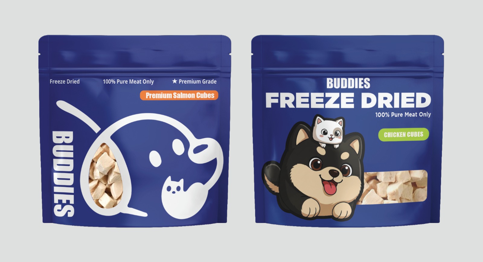 Buddies freeze dried chicken and salmon cube packaging